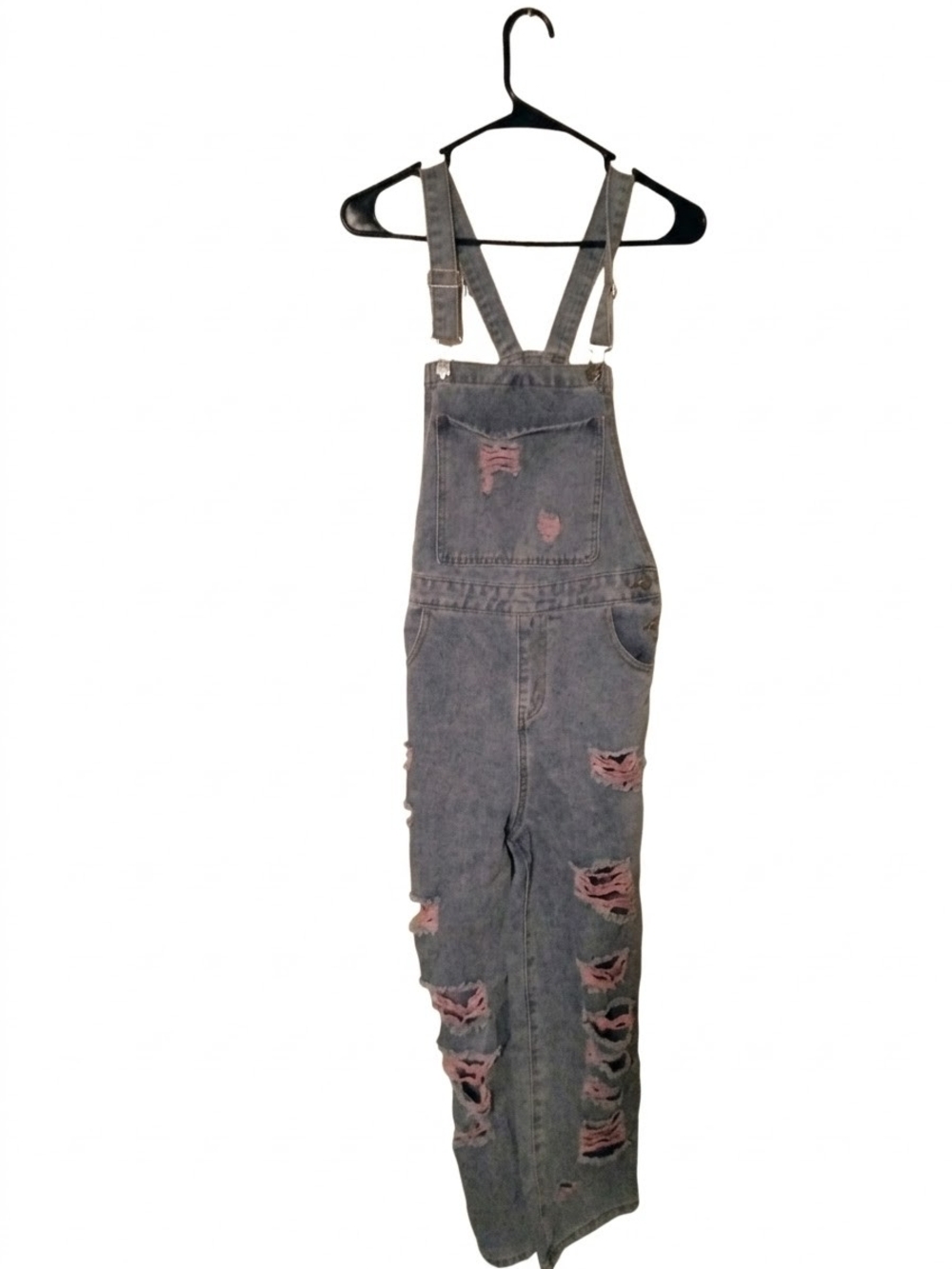 SHEIN Gray Denim Distressed Overalls with Pink Underlay